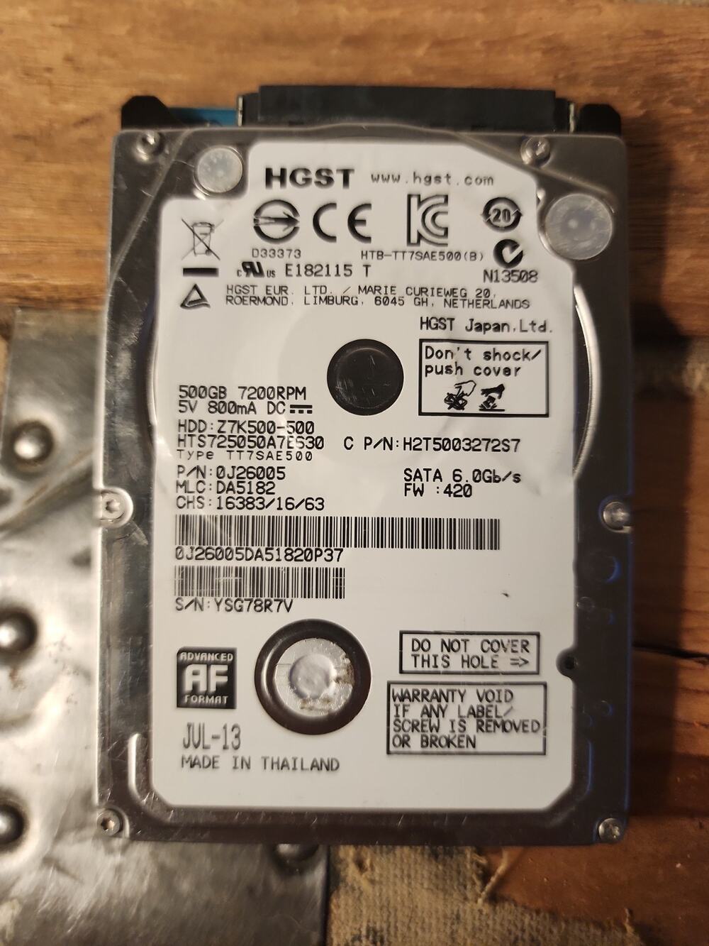 HGST Travelstar Z7K500 500GB, SATA 3, 2.5" Internal Hard Drive (HTS725050A7E630)